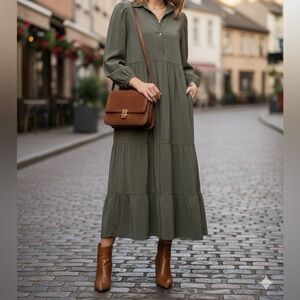 Max Edition Green Pleated Tiered Long Sleeve Dress